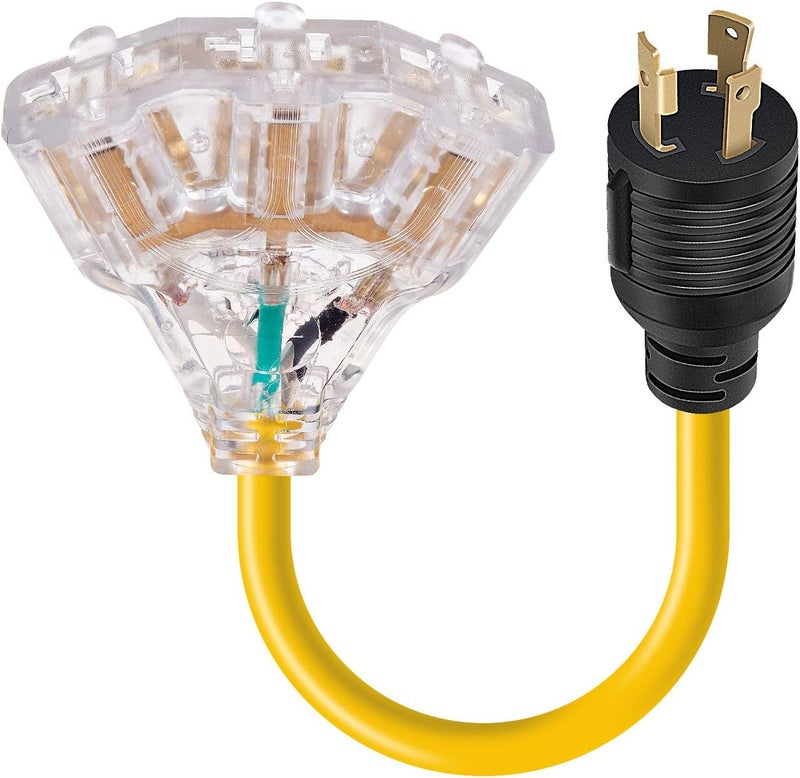 Rophor 30 Amp to 110 Adapter Generator Power Cord, 3 Prong 30 Amp to 15 Amp Generator Adapter, Nema L5-30P Male to 3X 5-20R Female with Lighted End, 1.5 FT - Image 1